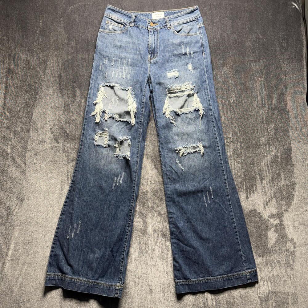 UNIQ BY LITZ Jeans Juniors 26/3 Blue Mid Rise Relaxed Wide Leg Distressed Denim